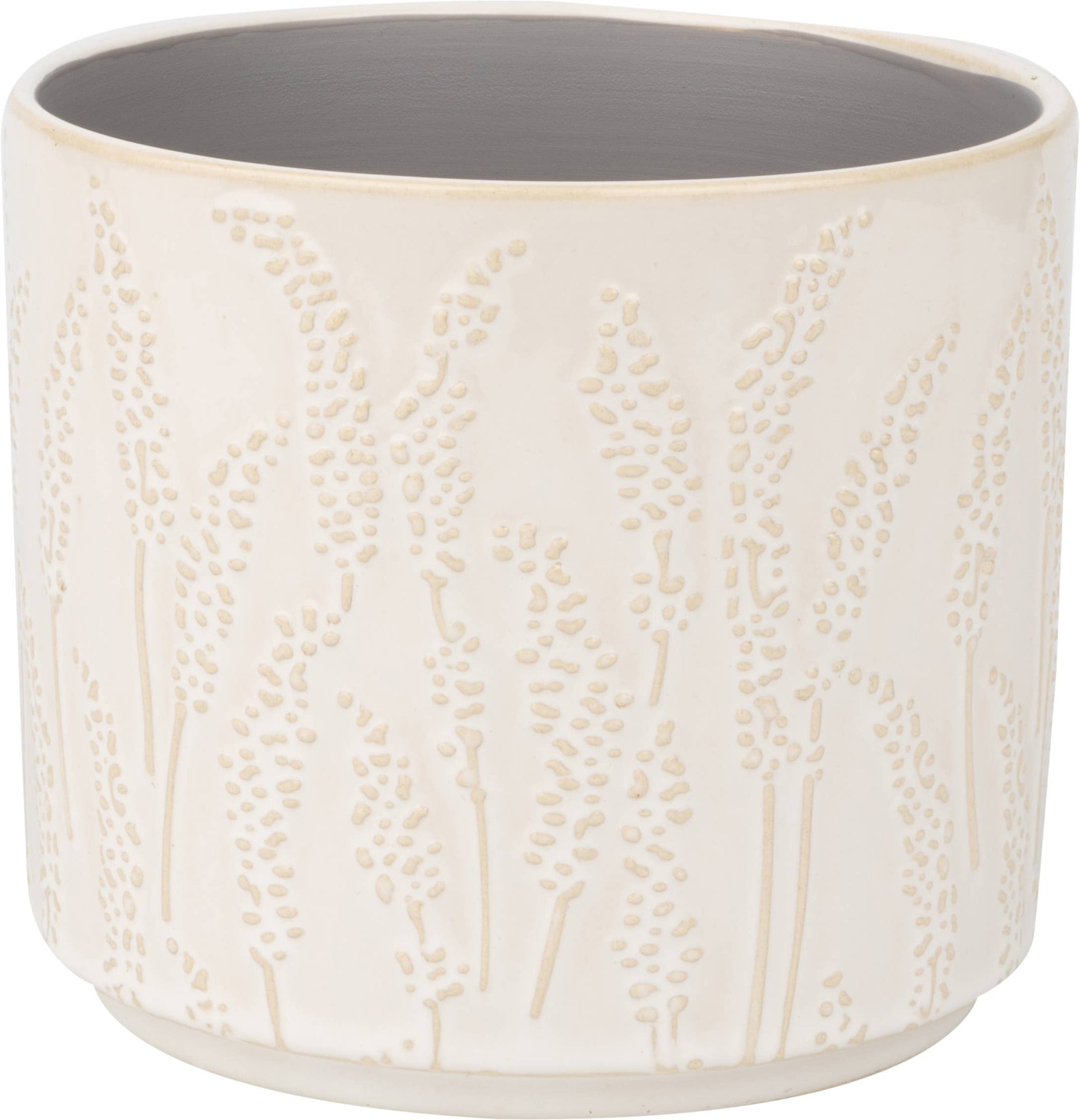 Floral stem pattn ceramic pot cover, off white beige - A11022