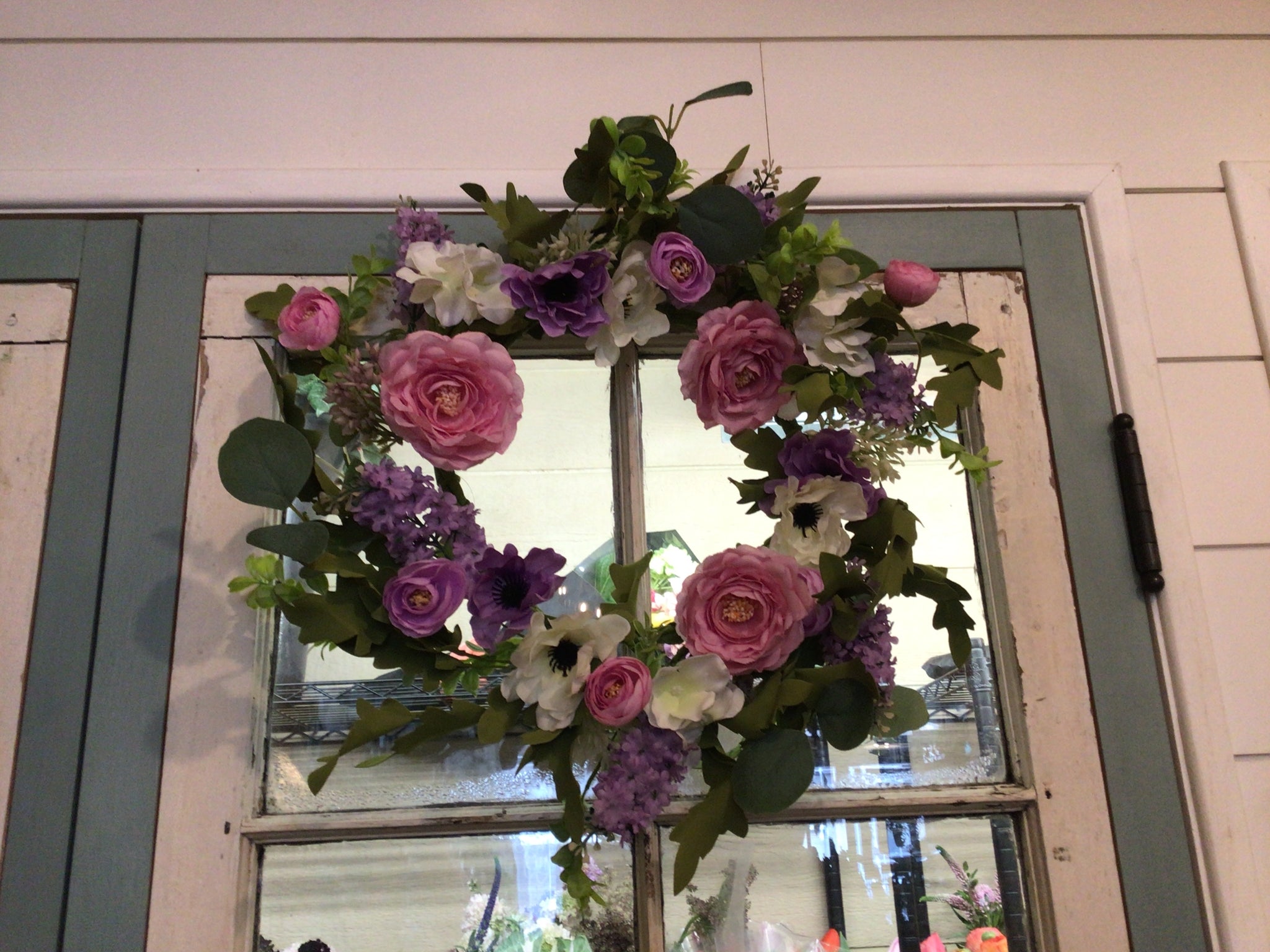 Camellia Wreath w pink and purple flowers