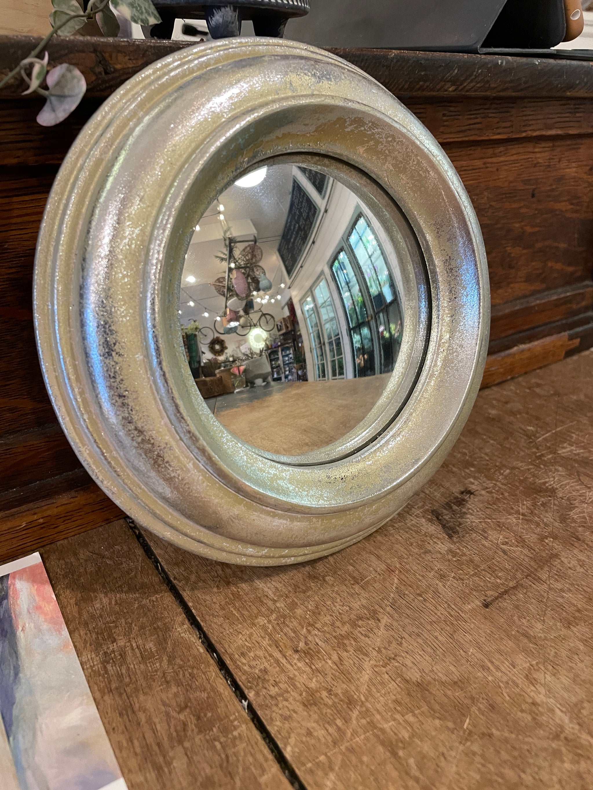 Convex mirror, antique silver border frame 7 in dia - A76118